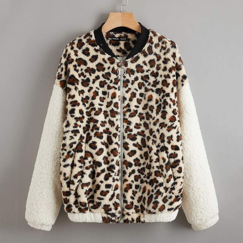 

Leopard Print Drop Shoulder Teddy Jacket, Multicolor