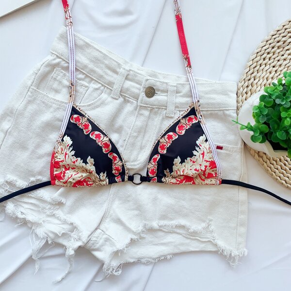 

Baroque Print Micro Triangle Bikini Top, Multicolor