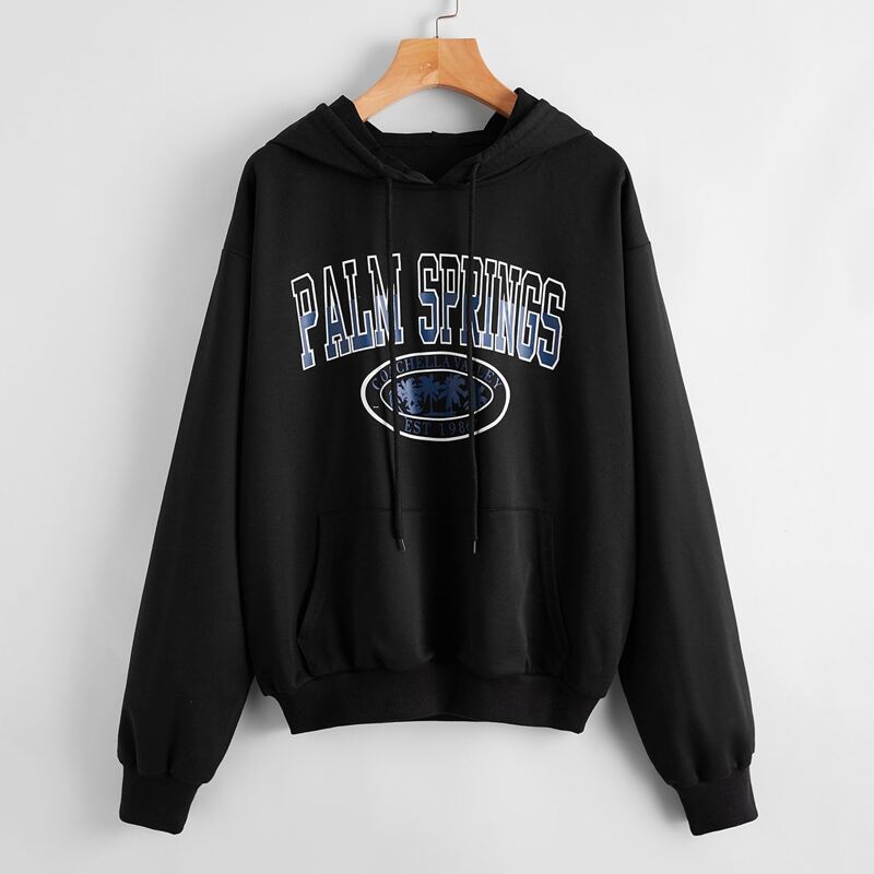 

Kangaroo Pocket Letter Graphic Drawstring Hoodie, Black