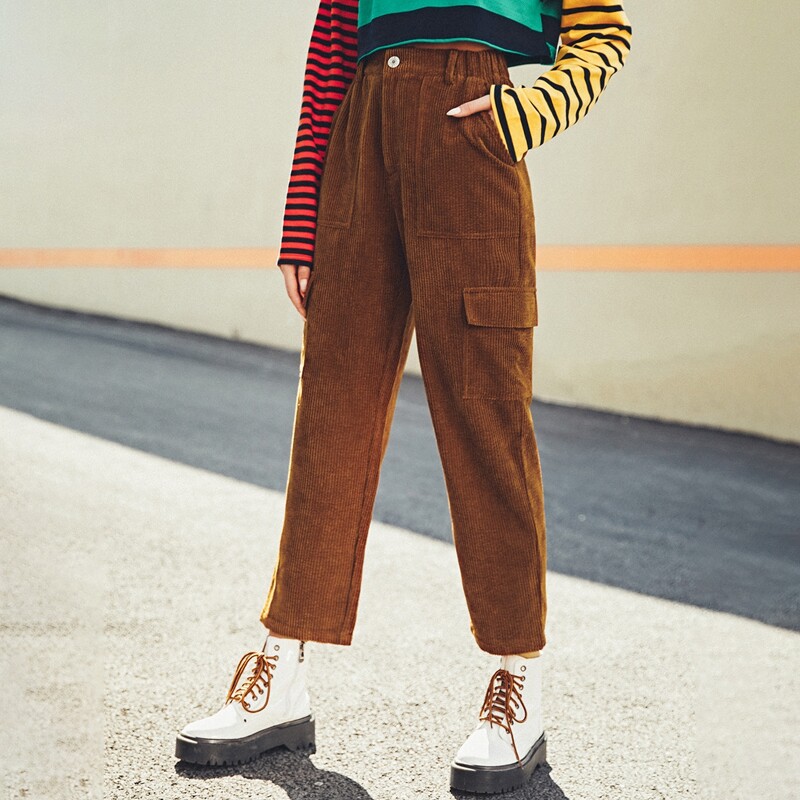 Zipper Fly Flap Pocket Cord Pants, Coffee brown