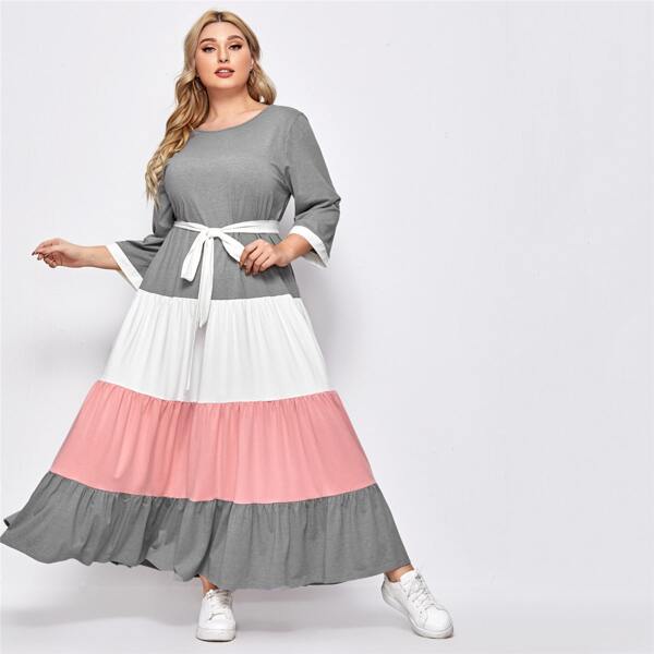

Plus Color Block Ruffle Hem Belted Dress, Multicolor