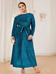 SHEIN Plus Ruched Detail Belted Glitter Dress - Teal Blue - View 3