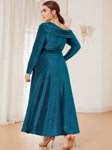 SHEIN Plus Ruched Detail Belted Glitter Dress - Teal Blue - View 2