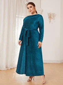 SHEIN Plus Ruched Detail Belted Glitter Dress - Teal Blue - View 4