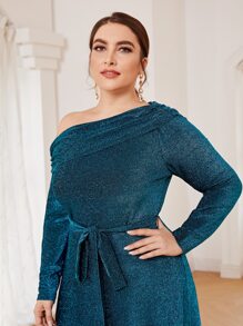 SHEIN Plus Ruched Detail Belted Glitter Dress - Teal Blue - View 5