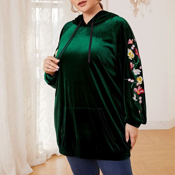 

Plus Floral Embroidery Velvet Drawstring Hoodie, Dark green