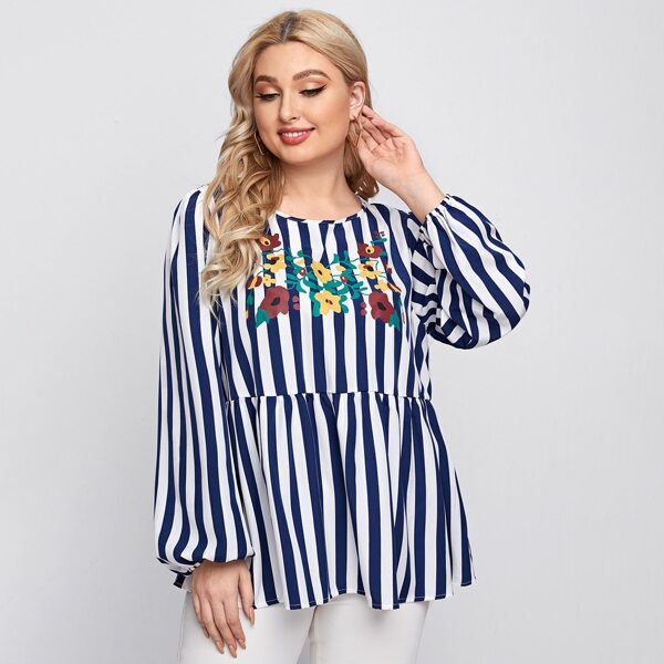 

Plus Vertical Striped Floral Print Peplum Blouse, Blue and white