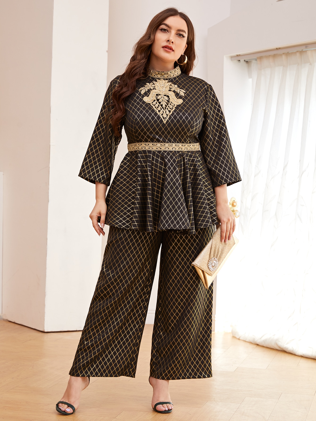 Plus Plaid Embroidery Detail Ruffle Hem Top & Wide Leg Pants Set thumbnail