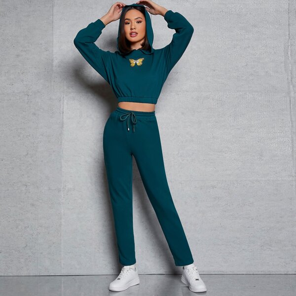 

Butterfly Print Drop Shoulder Pullover & Drawstring Waist Pants Set, Teal blue