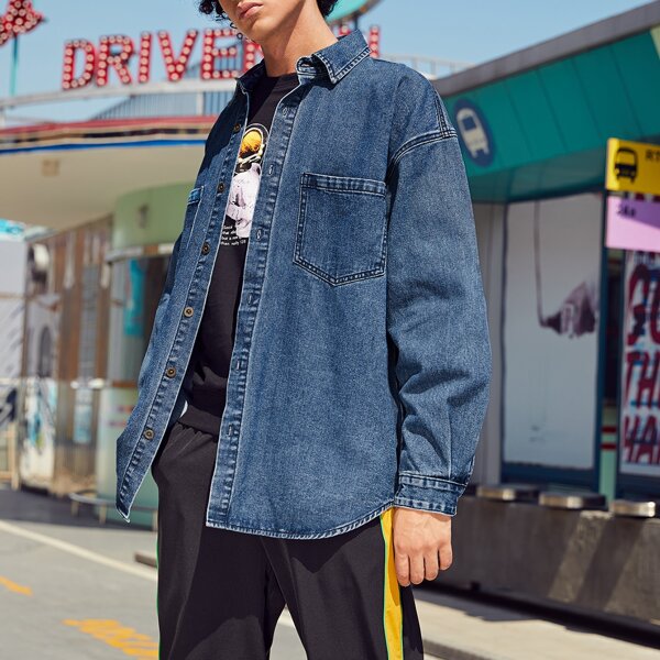 

Men Pocket Patched Button Up Denim Shirt, Medium wash