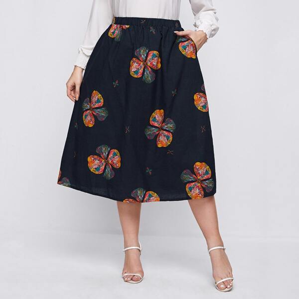 

Plus Elastic Waist Floral Print Skirt, Navy blue