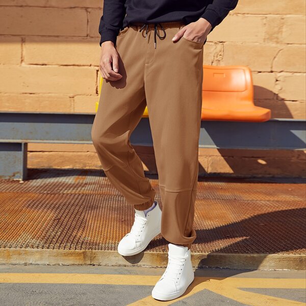 

Men Drawstring Waist Solid Sweatpants, Brown