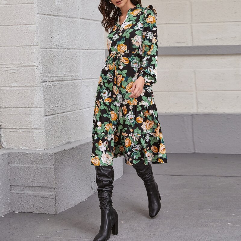 

Lantern Sleeve Tie Waist Floral Print Dress, Multicolor