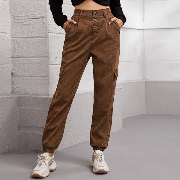 

Buttoned Flay Flap Detail Cord Pants, Coffee brown