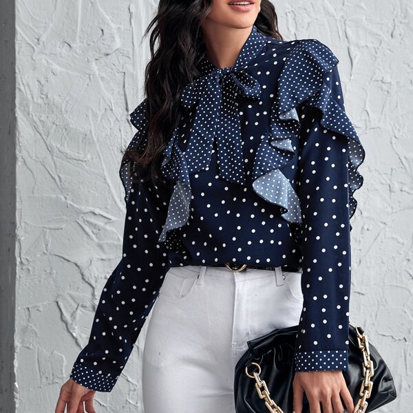 

Tie Neck Ruffle Trim Polka-dot Print Top, Navy blue