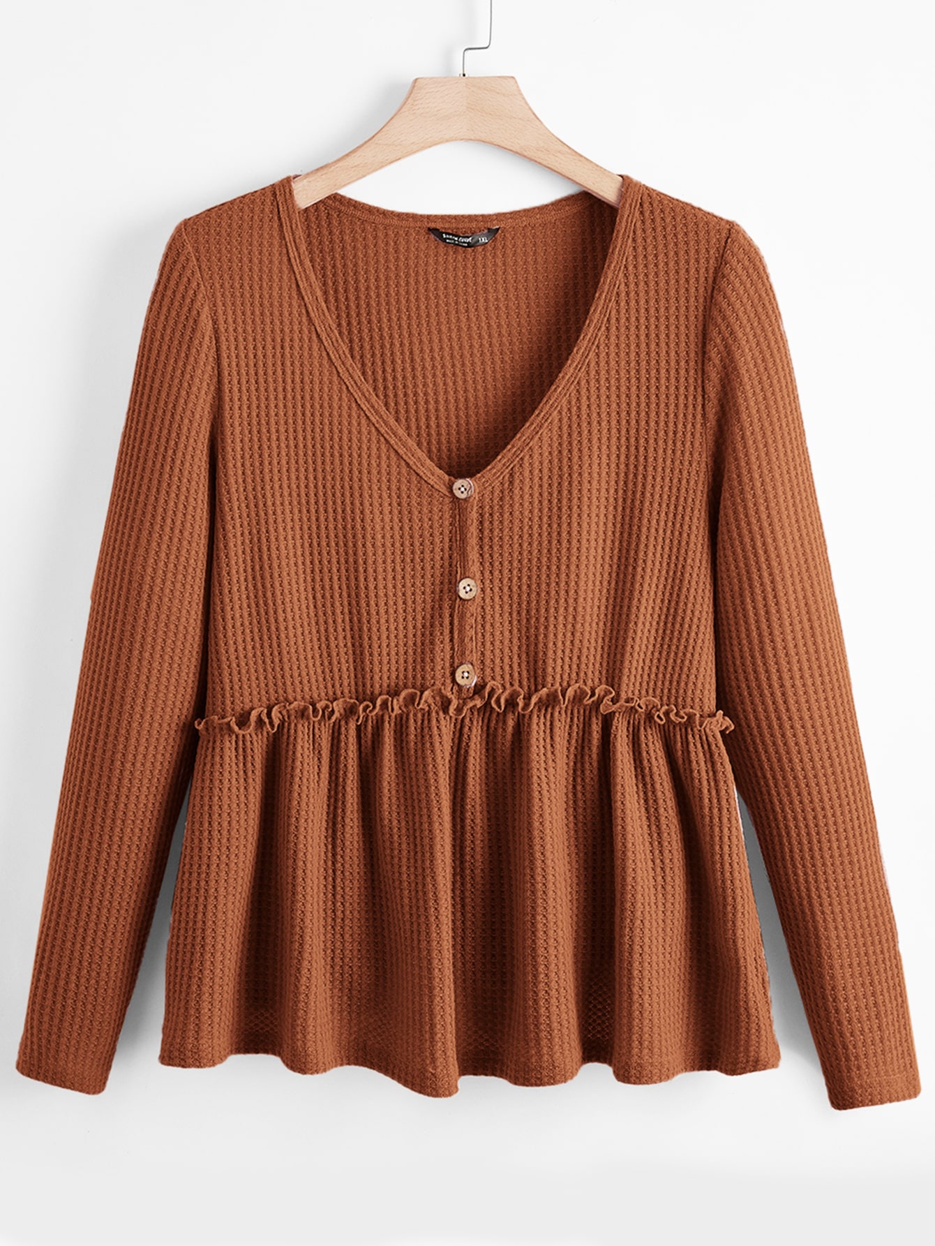 Plus Buttoned Front Frill Trim Waffle Knit Peplum Top thumbnail