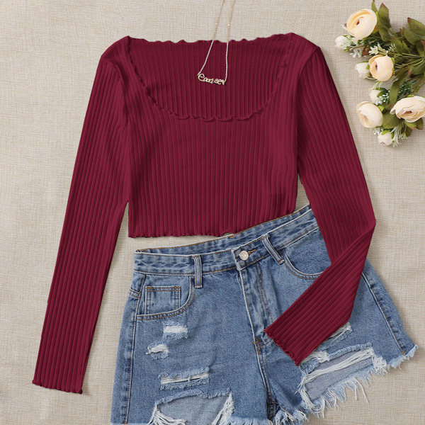 

Plus Lettuce Trim Rib-knit Crop Top, Burgundy