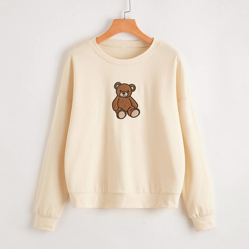 

Cartoon Bear Embroidery Drop Shoulder Sweatshirt, Apricot