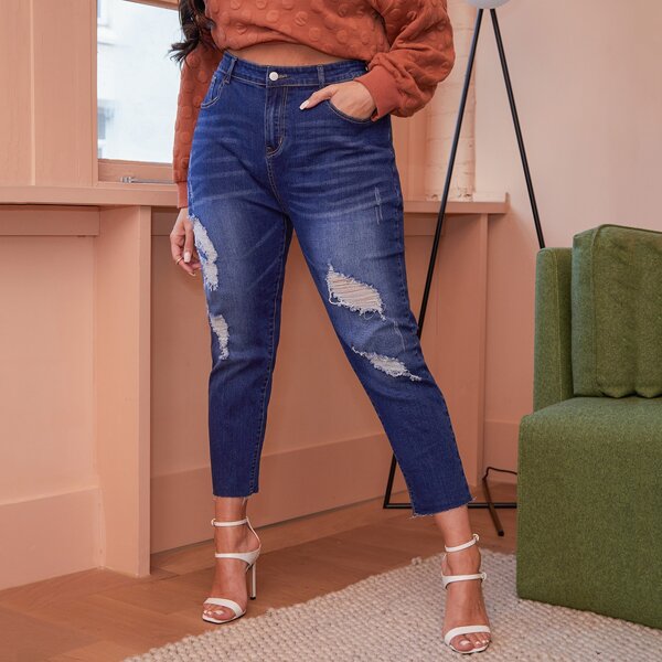 

Plus Stone Wash Distressed Skinny Jeans, Dark wash