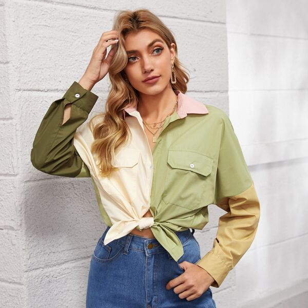 

Drop Shoulder Patch Pocket Color Block Top, Multicolor