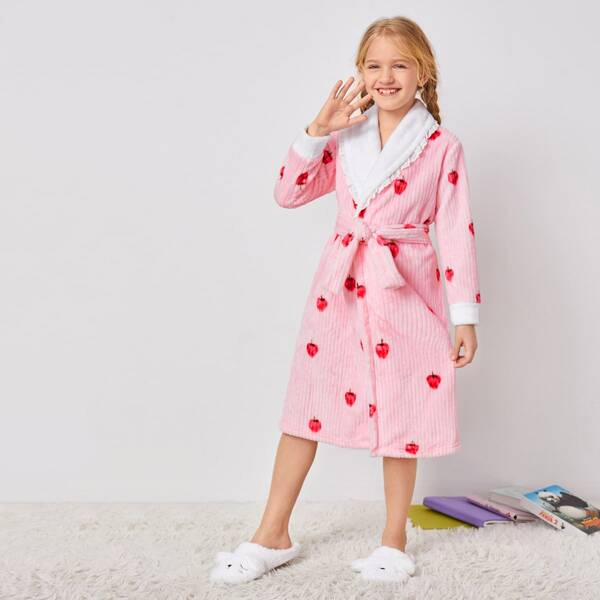 

Girls Fruit Print Eyelet Embroidery Belted Flannel Lounge Robe, Baby pink