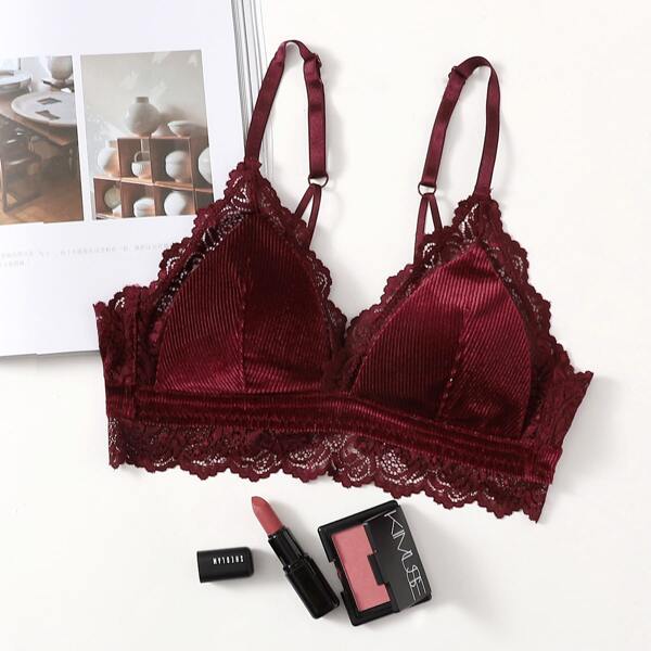 

Velvet Rib Lace Trim Bralette, Burgundy