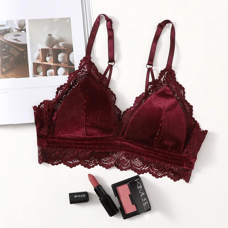 Velvet Rib Lace Trim Bralette, Burgundy
