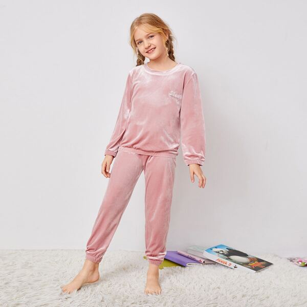 

Girls Letter Embroidery Velvet Lounge Set, Baby pink