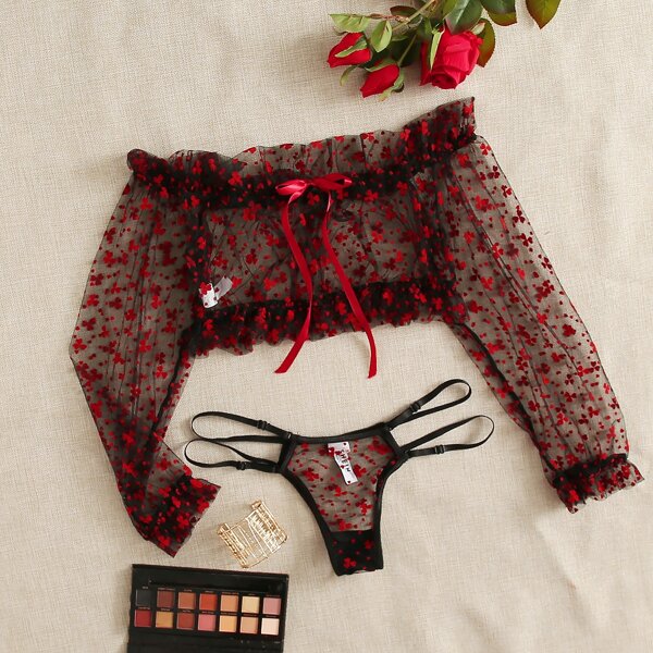 

Clover Pattern Mesh Cut-out Bardot Lingerie Set, Black