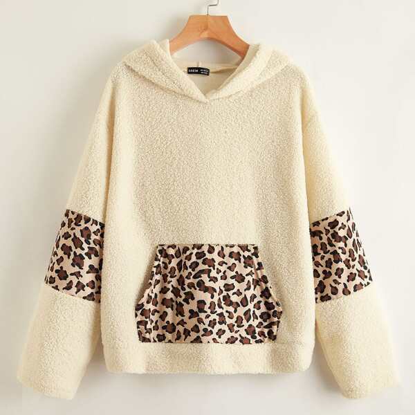 

Contrast Leopard Kangaroo Pocket Teddy Hoodie, Beige