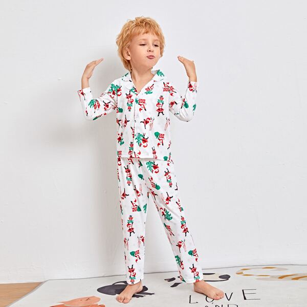 

Toddler Boys Christmas Print Button Front Lapel Collar PJ Set, White