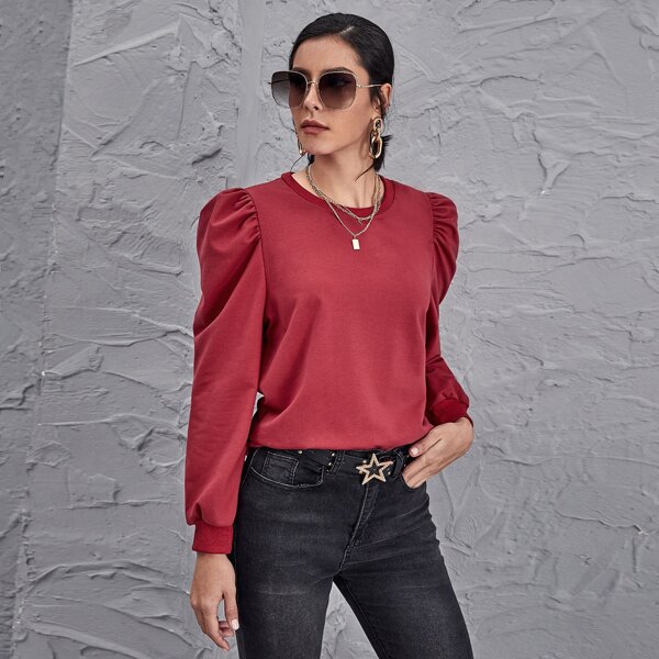 

Puff Sleeve Solid Sweatshirt, Burgundy