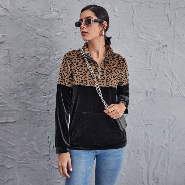 

Zipper Half Placket Leopard Colorblock Teddy Sweatshirt, Black
