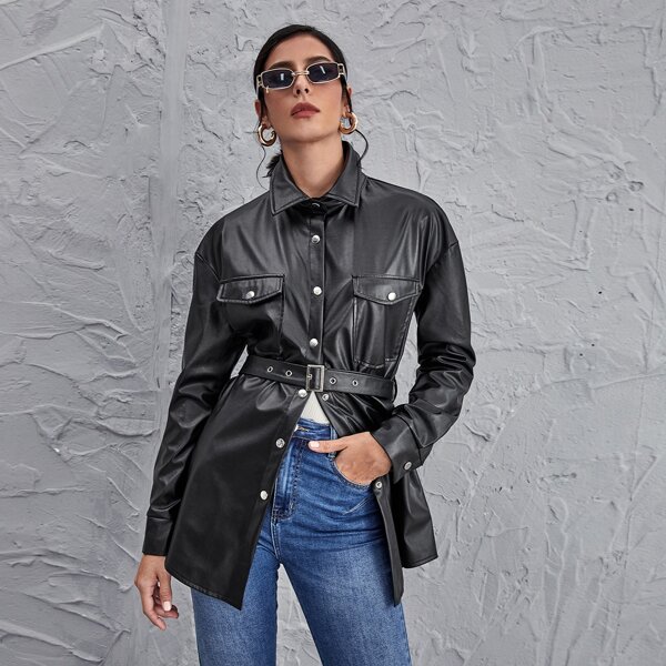 

Flap Pocket Buckle Belted PU Leather Coat, Black