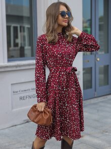 SHEIN LUNE Mock-neck Belted Leopard Dress - Burgundy - View 3