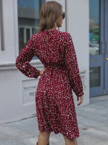 SHEIN LUNE Mock-neck Belted Leopard Dress - Burgundy - View 2