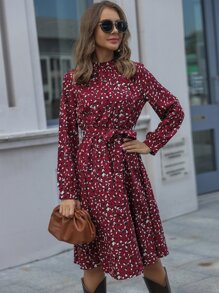 SHEIN LUNE Mock-neck Belted Leopard Dress - Burgundy - View 1