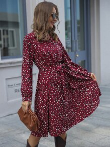 SHEIN LUNE Mock-neck Belted Leopard Dress - Burgundy - View 4