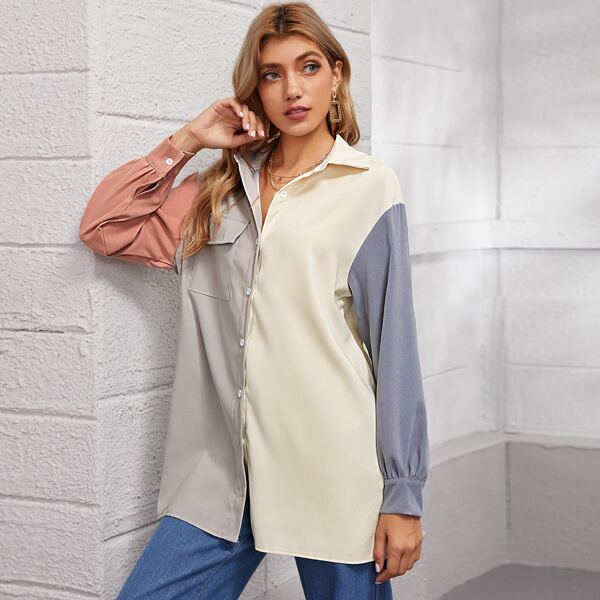 

Flap Pocket Colorblock Blouse, Multicolor