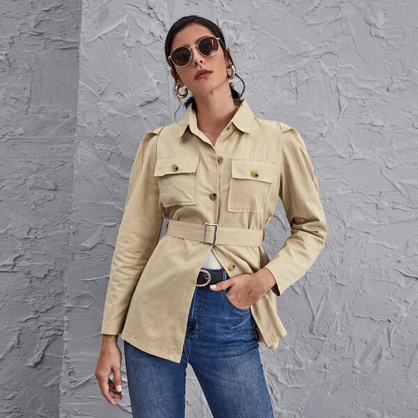

Flap Pocket Buckle Belted Coat, Khaki