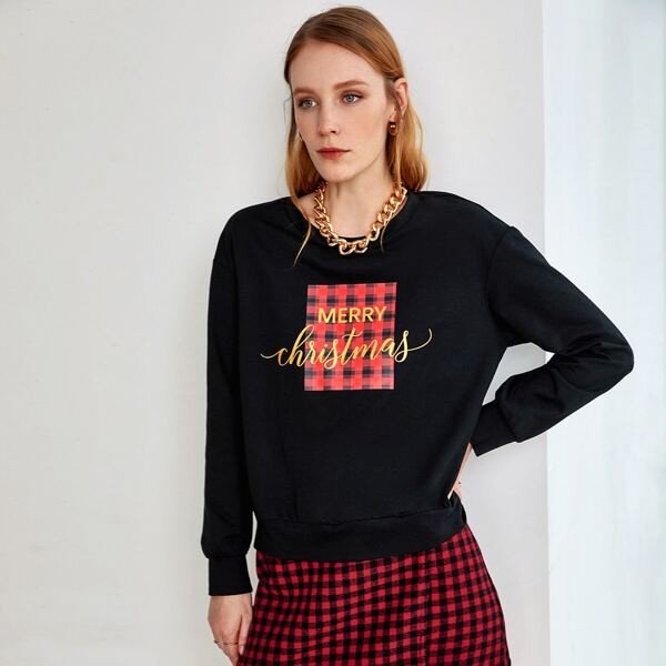 

Christmas & Gingham Print Sweatshirt, Black
