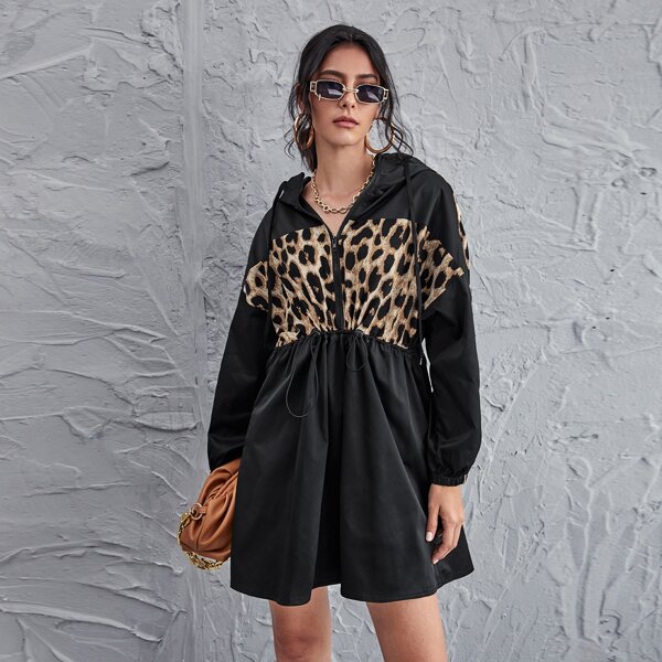 

Half Zip Drawstring Waist Contrast Leopard Dress, Black