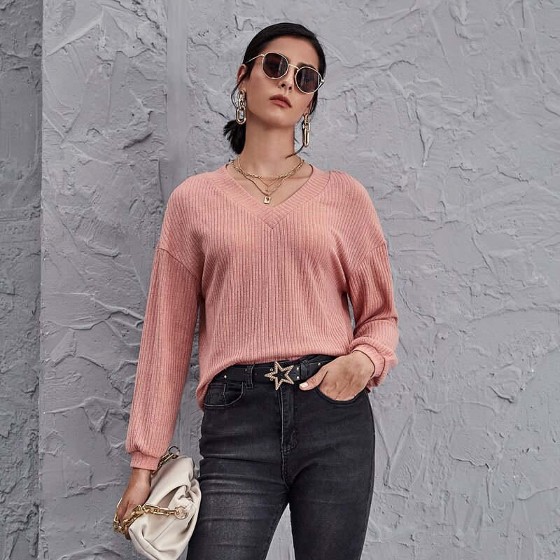 

Drop Shoulder Rib-knit Tee, Coral pink