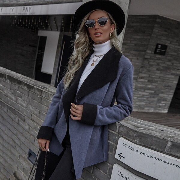

Color Block Waterfall Collar Coat, Dusty blue