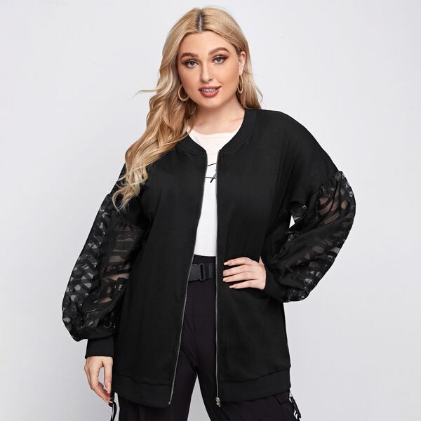 

Plus Contrast Sleeve Zip Up Bomber Jacket, Black