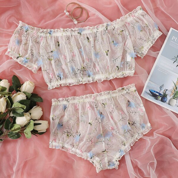 

Embroidered Mesh Lingerie Set, White