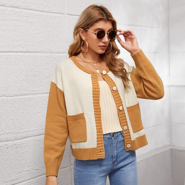 

Single Breasted Patch Pocket Colorblock Cardigan, Multicolor