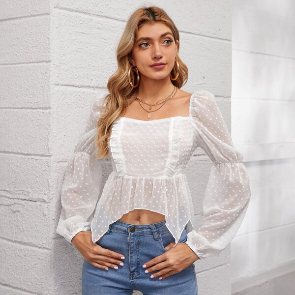 

Ruffle Trim Shirred Back Asymmetrical Hem Swiss Dot Top, White