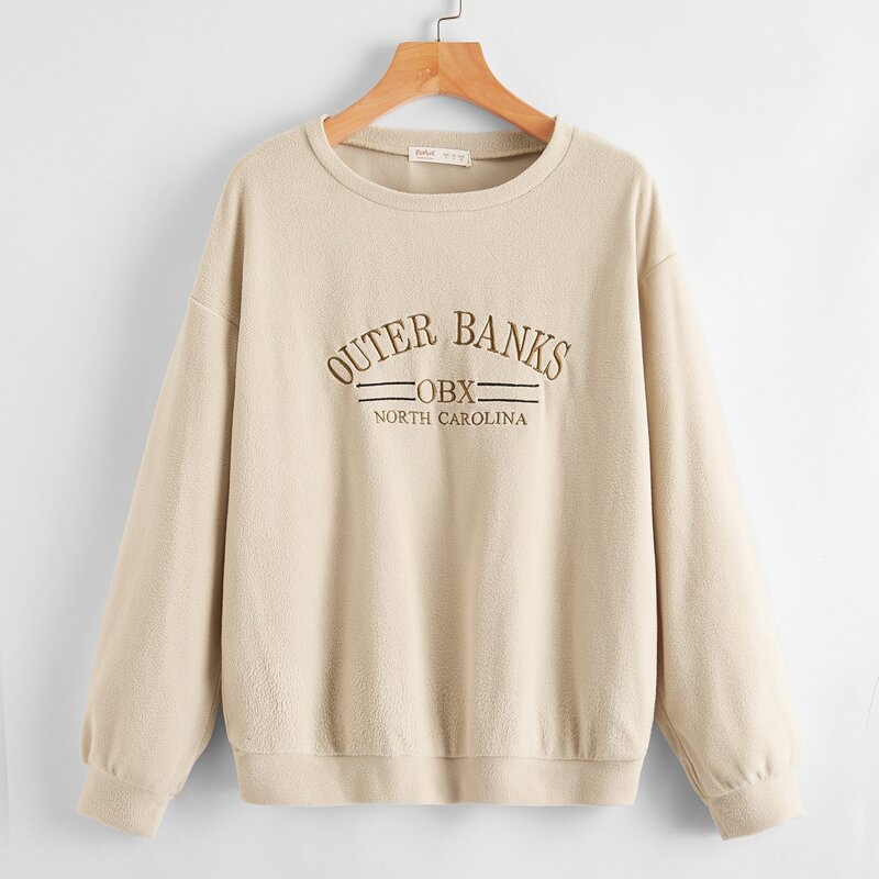 

Letter Embroidery Drop Shoulder Sweatshirt, Beige