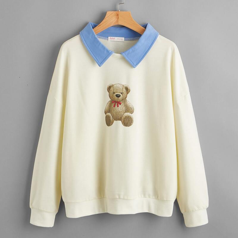 

Contrast Collar Cartoon Bear Sweatshirt, Beige